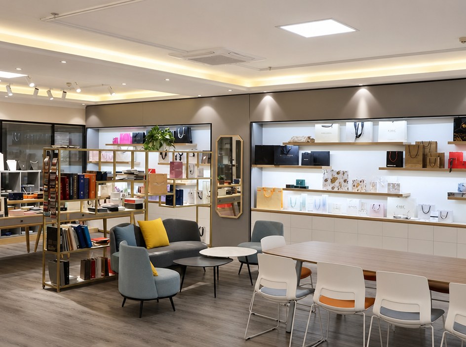 Display room with packaging and leather goods on illuminated shelving