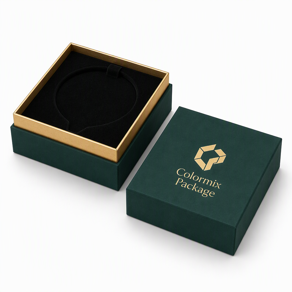 Deep green rigid gift box with a gold-edged tray and black insert, presented beside its lid with the Colormix Package logo