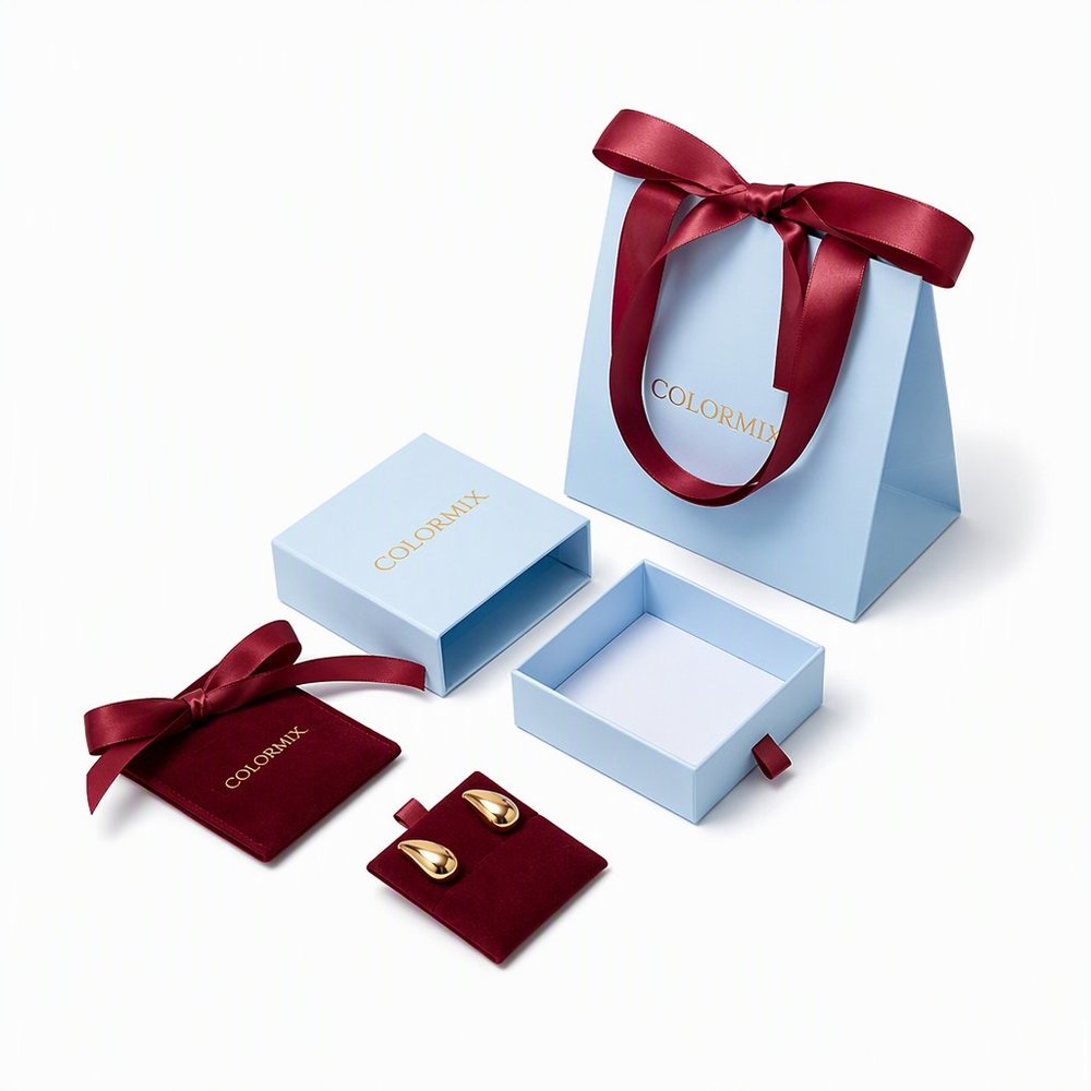 Pale blue jewelry drawer box, wine velvet earring pouch and a matching pale blue gift bag tied with a wine satin ribbon