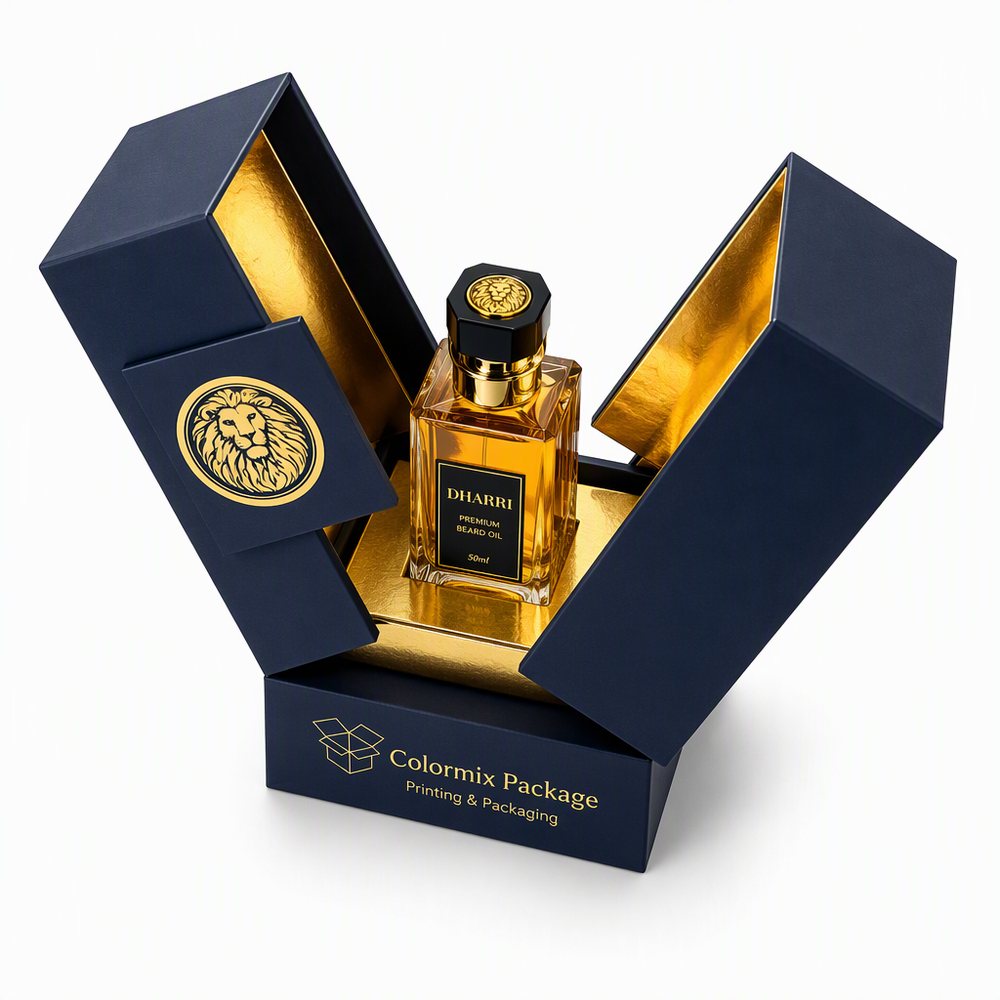 Navy double-door perfume box open to show a gold-lined interior holding a glass flacon