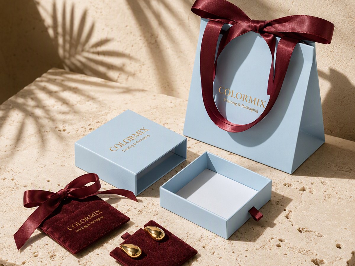 Pale blue drawer box, gift bag and velvet pouch for a jewelry set, branded Colormix