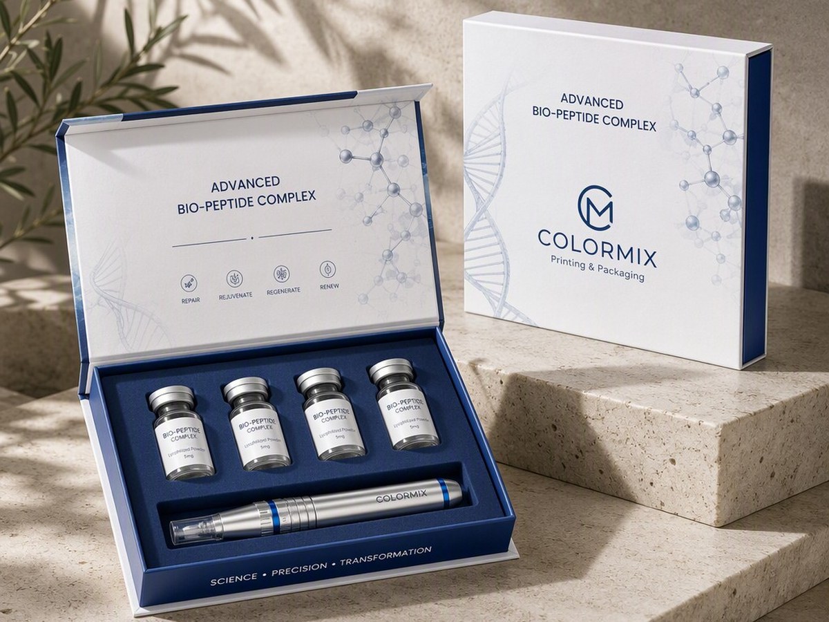 Navy rigid set box with four serum vials and an application pen in a cut foam insert, branded Colormix