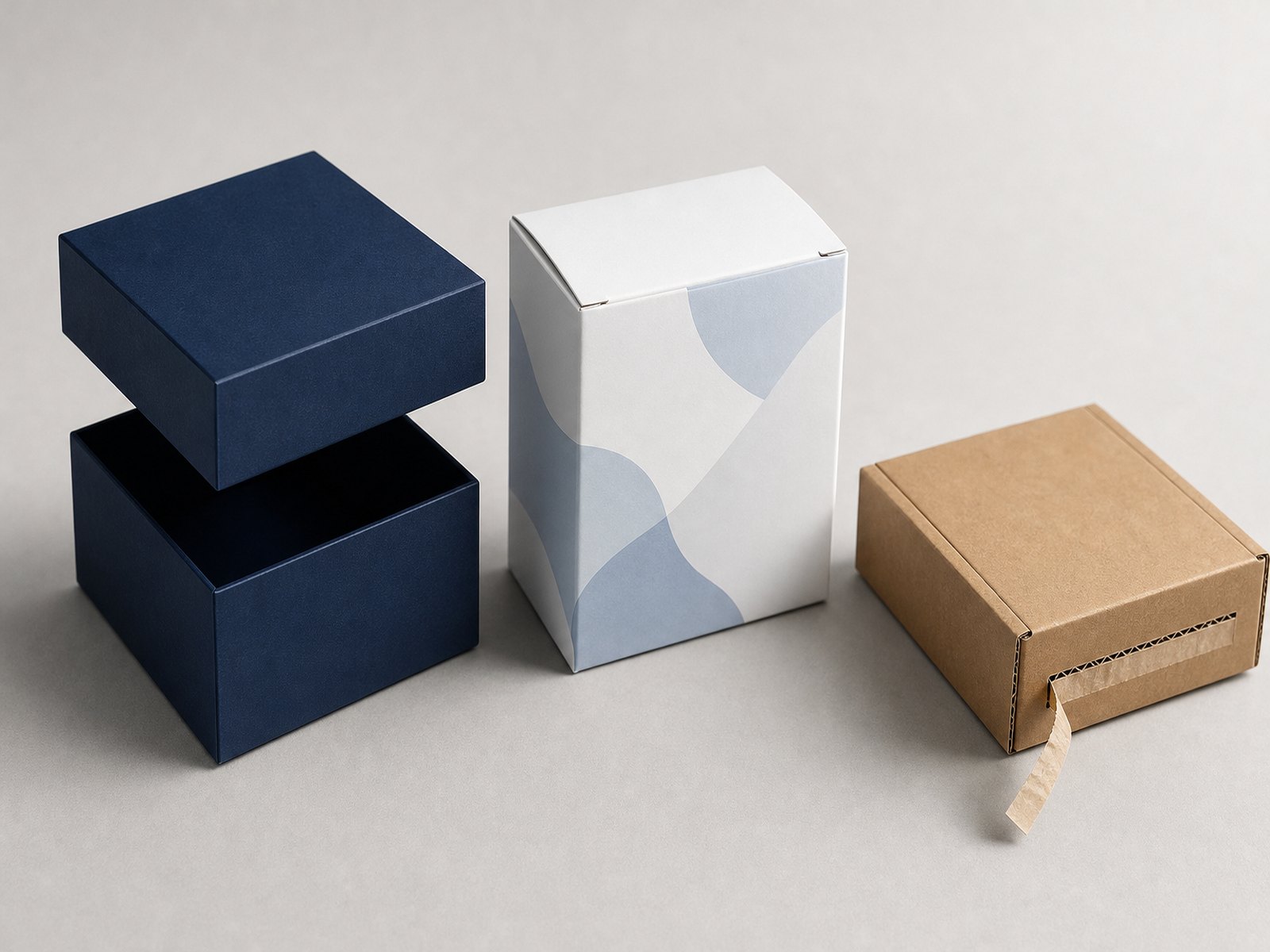 Rigid two-piece gift box, printed folding carton and corrugated mailer compared side by side