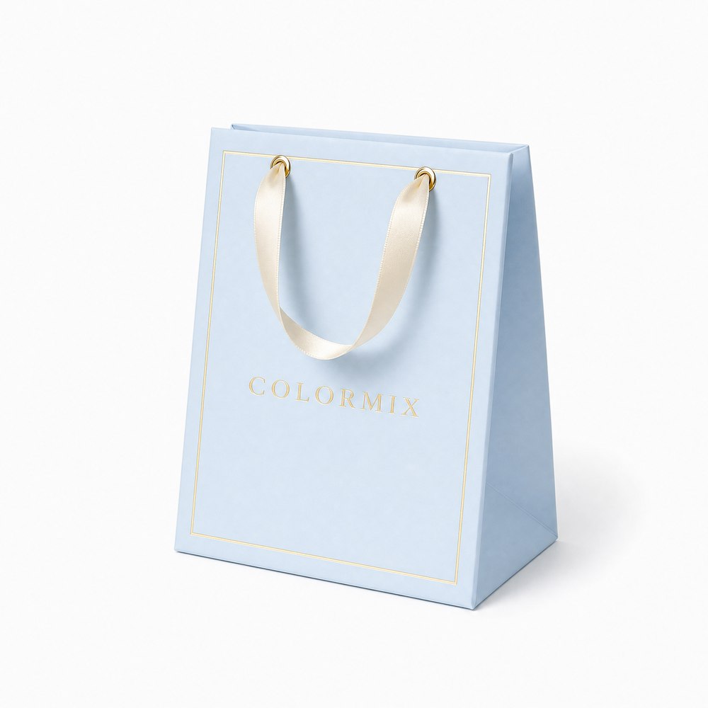 Paper shopping bag with a ribbon handle, printed for a small run