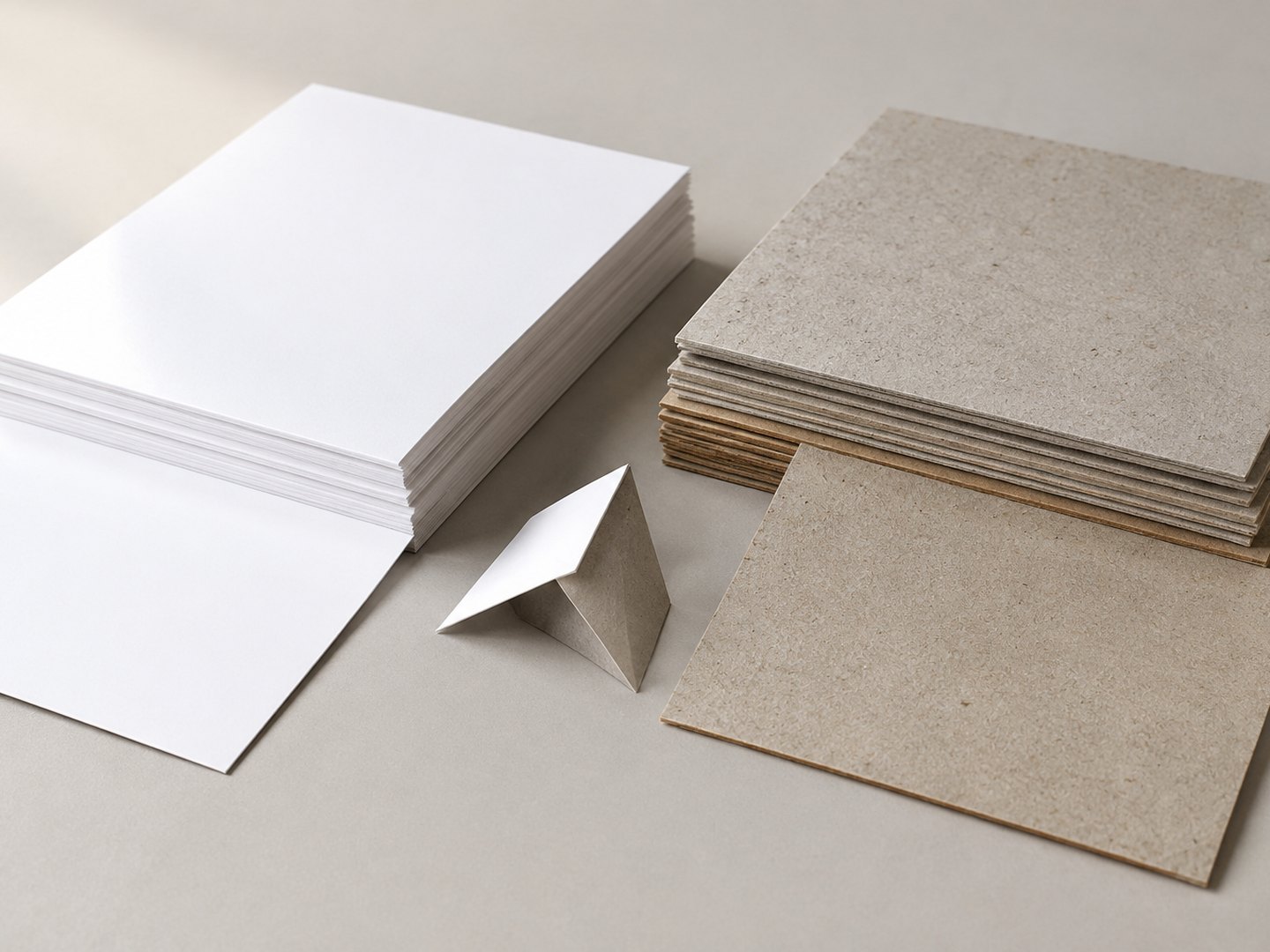 Virgin coated board beside recycled greyboard and kraft, with loose sheets pulled forward
