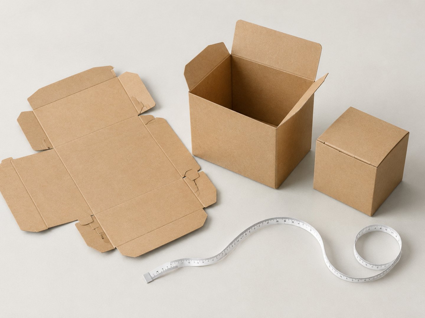 Three kraft cartons of different sizes on a bench with a paper tape measure
